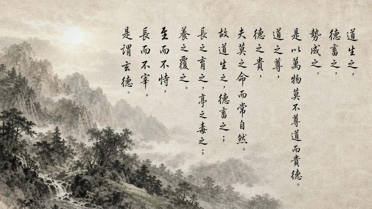 Traditional Chinese brush calligraphy artwork on Xuan paper for Laozi Daodejing Chapter 51 (養德章第五十一), rendering ancient Daoist script in classical ink strokes with authentic seal stamp, illustrating Nurturing Virtue: The Tao Gives Birth; Virtue Nurtures and Sustains, on ChiDestiny
