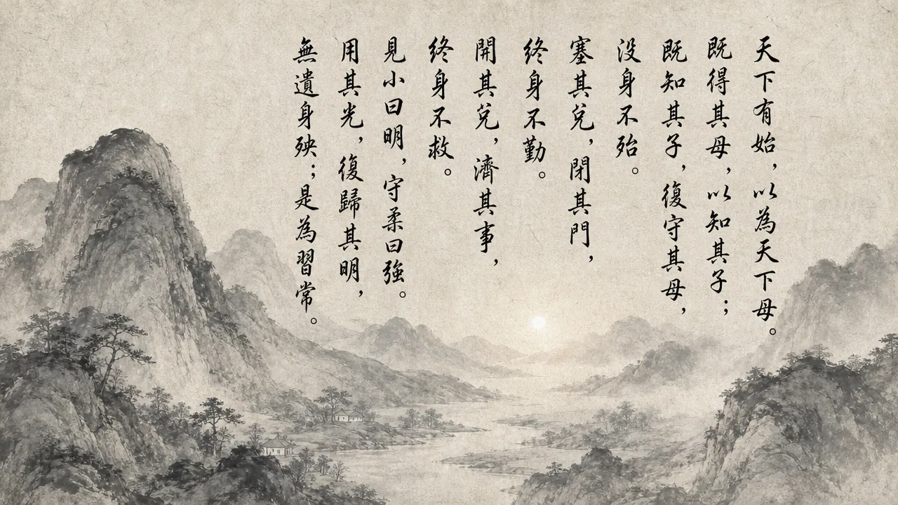 Traditional Chinese brush calligraphy artwork on Xuan paper for Laozi Daodejing Chapter 52 (歸元章第五十二), rendering ancient Daoist script in classical ink strokes with authentic seal stamp, illustrating Returning to the Source: Knowing the Children by Holding Fast to the Mother, on ChiDestiny