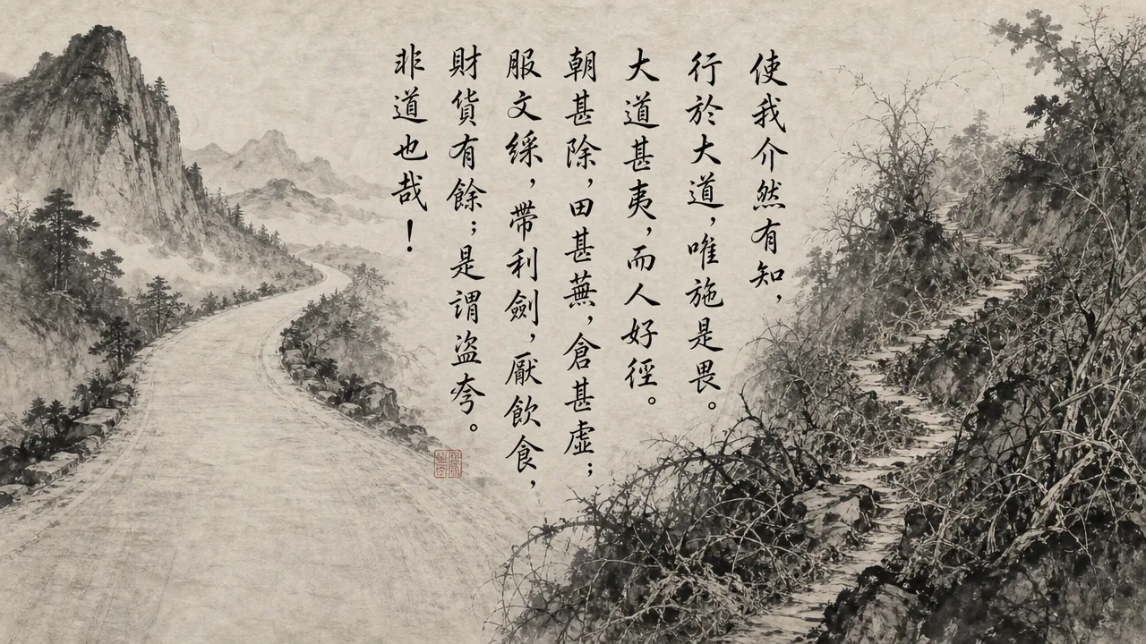 Traditional Chinese brush calligraphy artwork on Xuan paper for Laozi Daodejing Chapter 53 (增怨章第五十三), rendering ancient Daoist script in classical ink strokes with authentic seal stamp, illustrating Increasing Grievance: Straying from the Main Road into Ostentation, on ChiDestiny