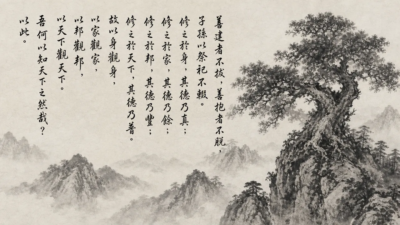 Traditional Chinese brush calligraphy artwork on Xuan paper for Laozi Daodejing Chapter 54 (修觀章第五十四), rendering ancient Daoist script in classical ink strokes with authentic seal stamp, illustrating Cultivating Observation: Firmly Rooted Virtue That Cannot Be Uprooted, on ChiDestiny