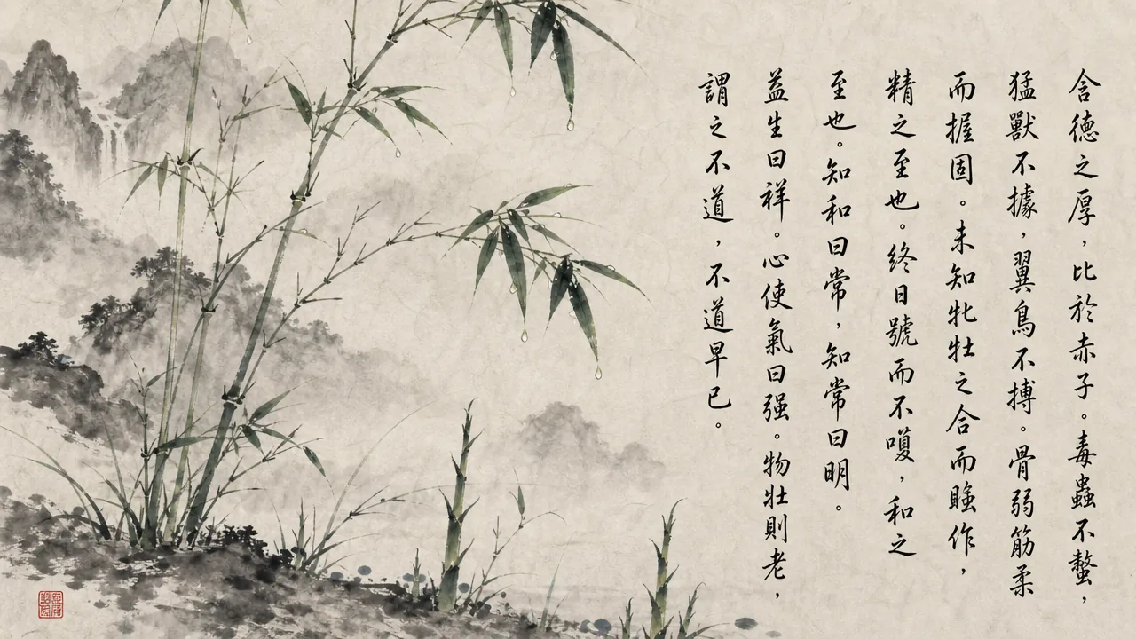 Traditional Chinese brush calligraphy artwork on Xuan paper for Laozi Daodejing Chapter 55 (玄符章第五十五), rendering ancient Daoist script in classical ink strokes with authentic seal stamp, illustrating The Mysterious Seal: The Abundant Life of the Infant Child, on ChiDestiny