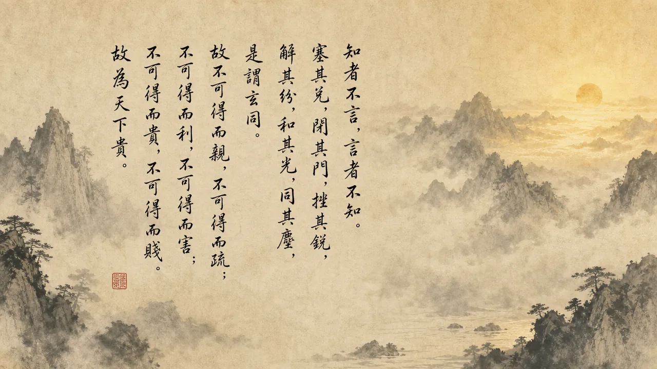 Traditional Chinese brush calligraphy artwork on Xuan paper for Laozi Daodejing Chapter 56 (玄德章第五十六), rendering ancient Daoist script in classical ink strokes with authentic seal stamp, illustrating Mysterious Virtue: Those Who Know Do Not Speak; Those Who Speak Do Not Know, on ChiDestiny