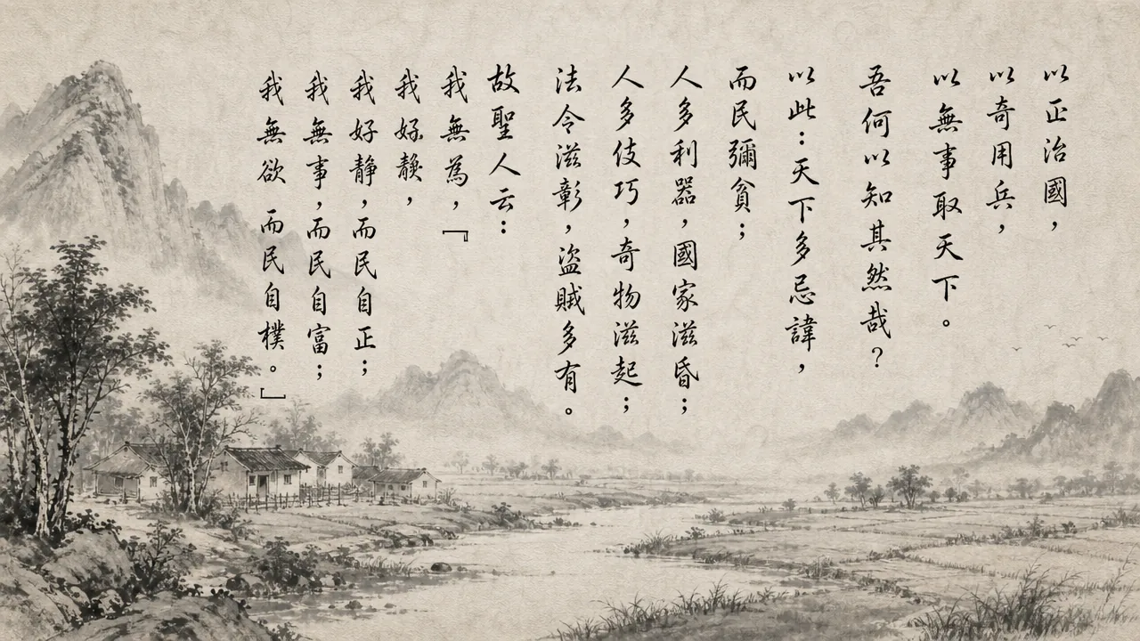 Traditional Chinese brush calligraphy artwork on Xuan paper for Laozi Daodejing Chapter 57 (淳風章第五十七), rendering ancient Daoist script in classical ink strokes with authentic seal stamp, illustrating The Spirit of Simplicity: Governing with Uprightness and Non-Interference, on ChiDestiny