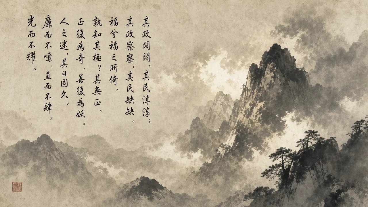 Traditional Chinese brush calligraphy artwork on Xuan paper for Laozi Daodejing Chapter 58 (順化章第五十八), rendering ancient Daoist script in classical ink strokes with authentic seal stamp, illustrating Flowing with Transformation: Misfortune Leaning on Blessing, on ChiDestiny