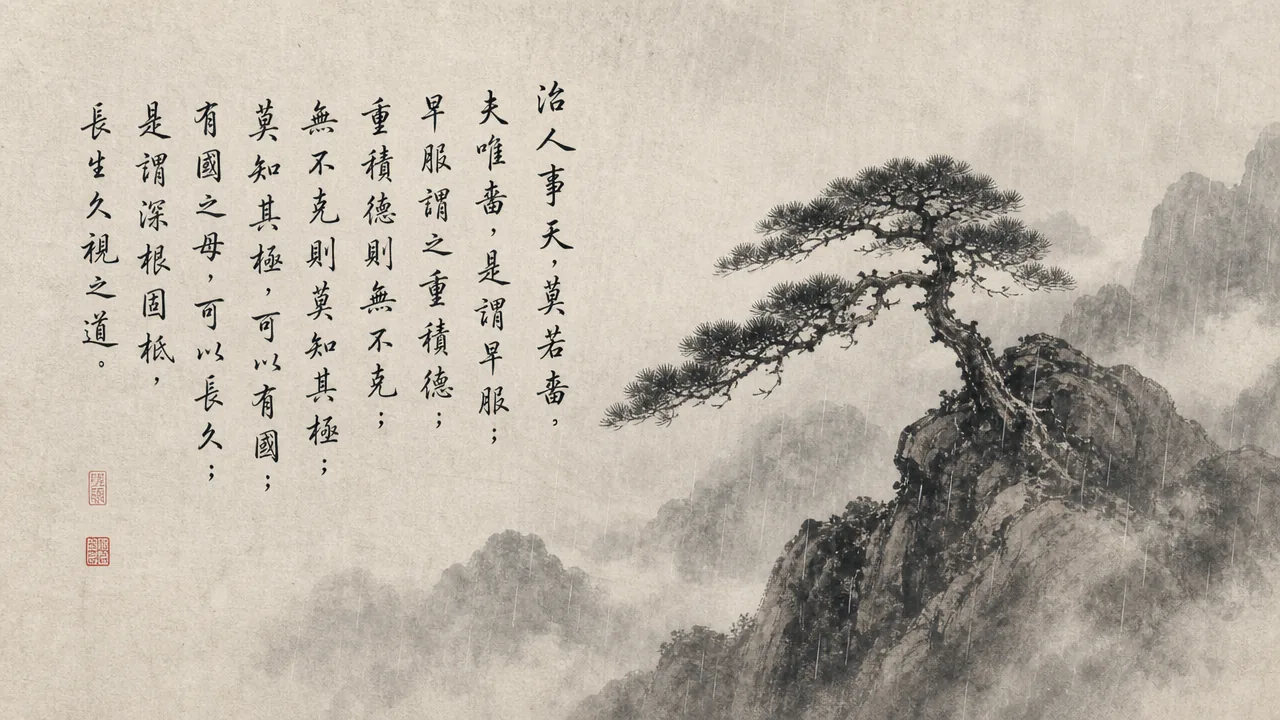 Traditional Chinese brush calligraphy artwork on Xuan paper for Laozi Daodejing Chapter 59 (守道章第五十九), rendering ancient Daoist script in classical ink strokes with authentic seal stamp, illustrating Guarding the Tao: The Wisdom of Frugality and Restraint, on ChiDestiny