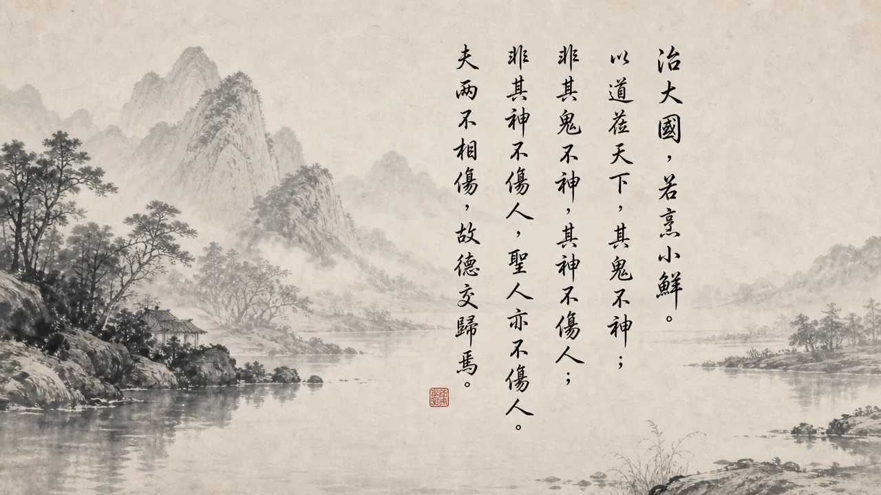 Traditional Chinese brush calligraphy artwork on Xuan paper for Laozi Daodejing Chapter 60 (居位章第六十), rendering ancient Daoist script in classical ink strokes with authentic seal stamp, illustrating Ruling from the Center: Governing a Great Nation Like Cooking Small Fish, on ChiDestiny