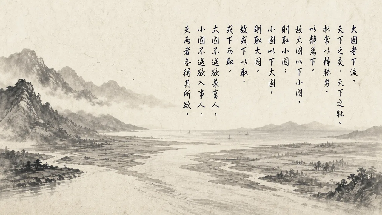 Traditional Chinese brush calligraphy artwork on Xuan paper for Laozi Daodejing Chapter 61 (謙德章第六十一), rendering ancient Daoist script in classical ink strokes with authentic seal stamp, illustrating The Virtue of Humility: The Great Nation as the Low Reaches of a River, on ChiDestiny