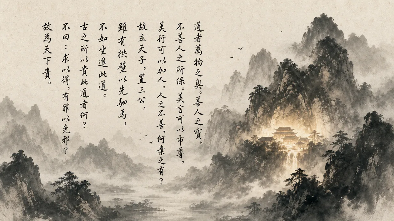Traditional Chinese brush calligraphy artwork on Xuan paper for Laozi Daodejing Chapter 62 (爲道章第六十二), rendering ancient Daoist script in classical ink strokes with authentic seal stamp, illustrating The Treasure of Existence: The Tao as the Sanctuary of All Creation, on ChiDestiny