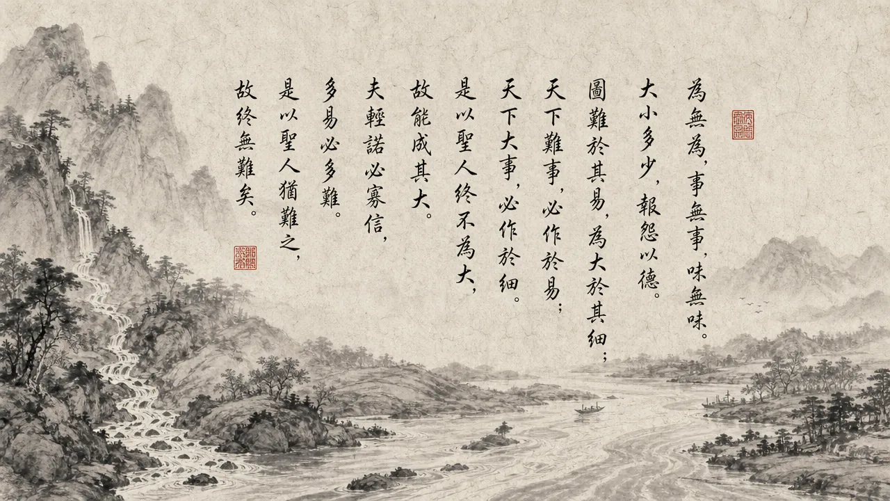 Traditional Chinese brush calligraphy artwork on Xuan paper for Laozi Daodejing Chapter 63 (恩始章第六十三), rendering ancient Daoist script in classical ink strokes with authentic seal stamp, illustrating Anticipating Difficulties: Doing by Non-Doing and Savoring the Flavorless, on ChiDestiny