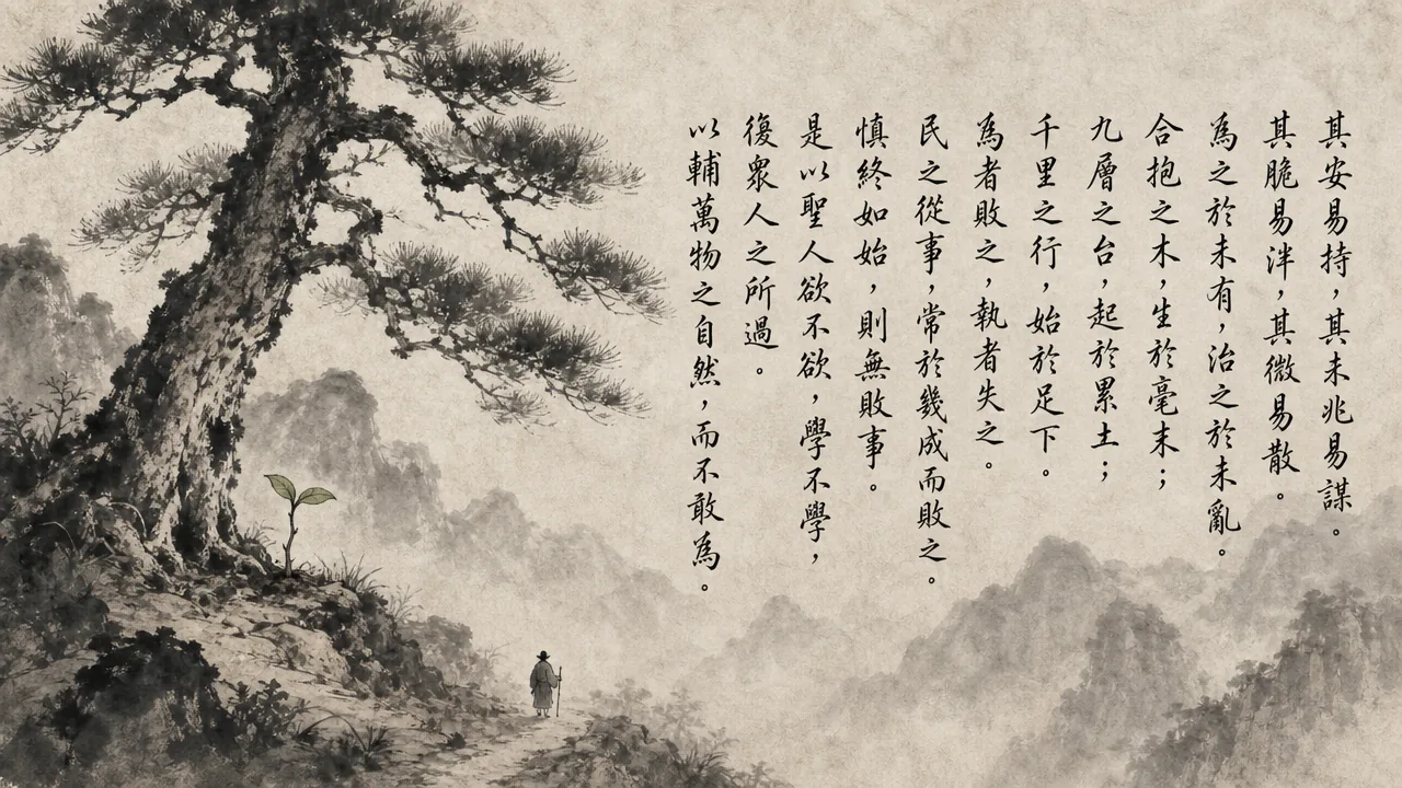 Traditional Chinese brush calligraphy artwork on Xuan paper for Laozi Daodejing Chapter 64 (慎微章第六十四), rendering ancient Daoist script in classical ink strokes with authentic seal stamp, illustrating Guarding the Subtle: A Tree of Giant Girth Begins as a Tiny Shoot, on ChiDestiny