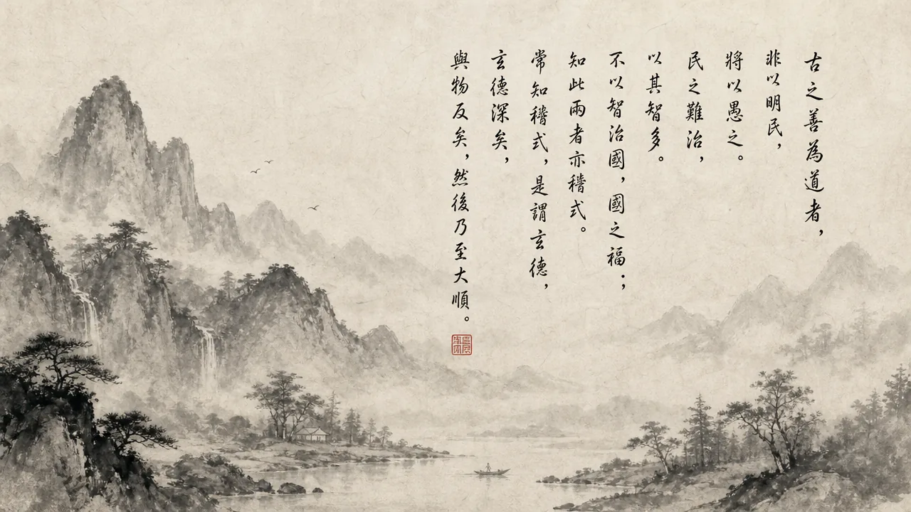 Traditional Chinese brush calligraphy artwork on Xuan paper for Laozi Daodejing Chapter 65 (淳德章第六十五), rendering ancient Daoist script in classical ink strokes with authentic seal stamp, illustrating Pure Virtue: The Ancient Masters Who Fostered Genuine Simplicity, on ChiDestiny