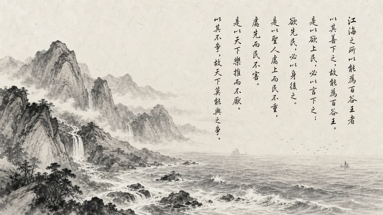 Traditional Chinese brush calligraphy artwork on Xuan paper for Laozi Daodejing Chapter 66 (後己章第六十六), rendering ancient Daoist script in classical ink strokes with authentic seal stamp, illustrating Placing Oneself Behind: How Rivers and Seas Become Kings of the Valleys, on ChiDestiny