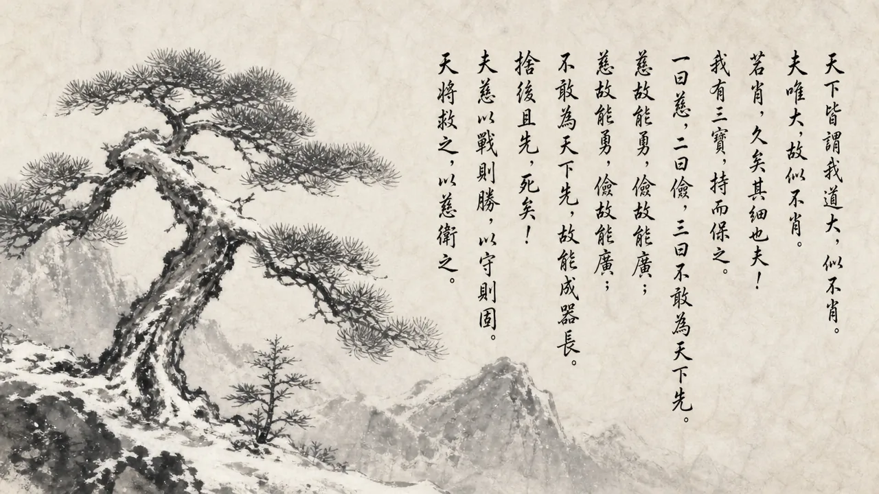 Traditional Chinese brush calligraphy artwork on Xuan paper for Laozi Daodejing Chapter 67 (三寶章第六十七), rendering ancient Daoist script in classical ink strokes with authentic seal stamp, illustrating The Three Treasures: Compassion, Frugality, and Not Daring to Be First, on ChiDestiny