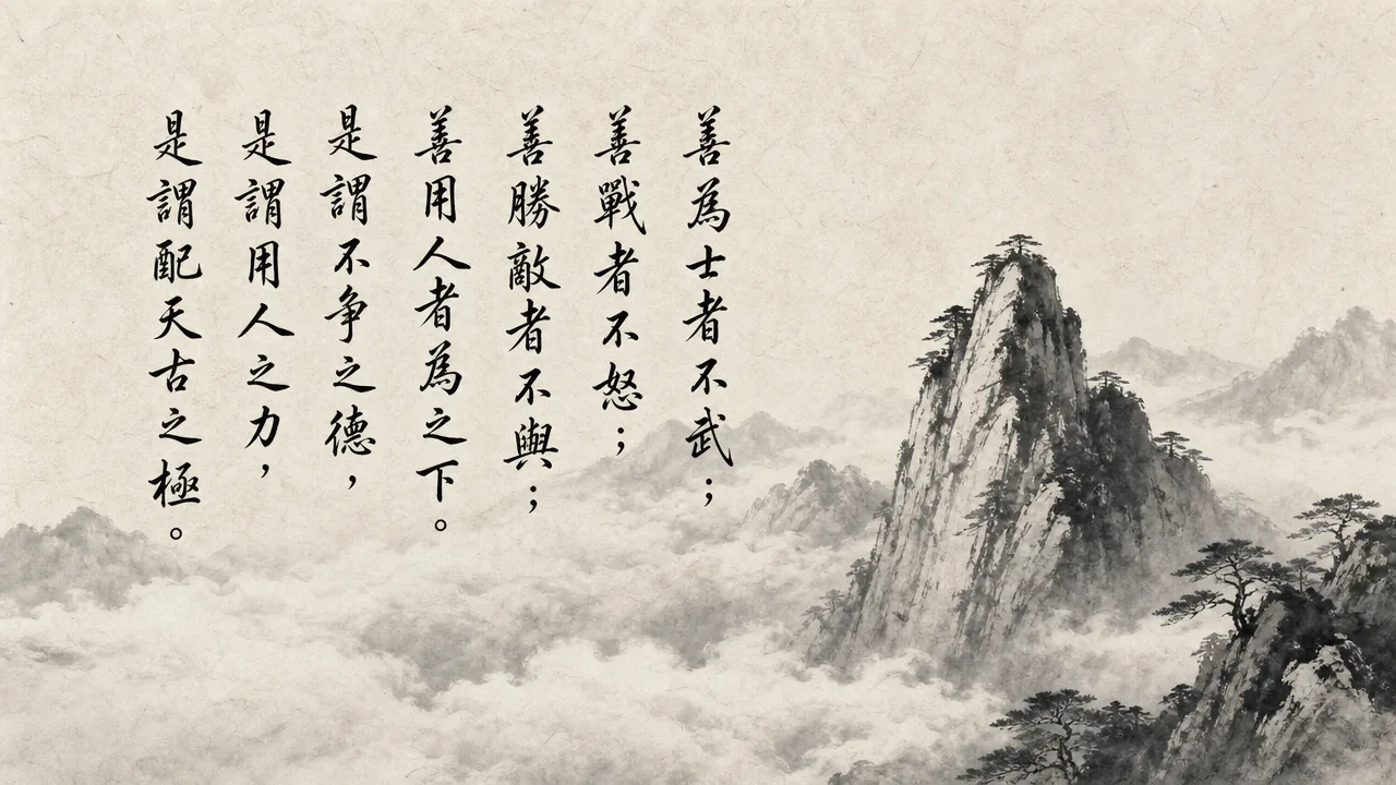 Traditional Chinese brush calligraphy artwork on Xuan paper for Laozi Daodejing Chapter 68 (配天章第六十八), rendering ancient Daoist script in classical ink strokes with authentic seal stamp, illustrating Matching Heaven: The True Warrior Does Not Provoke or Lose Temper, on ChiDestiny