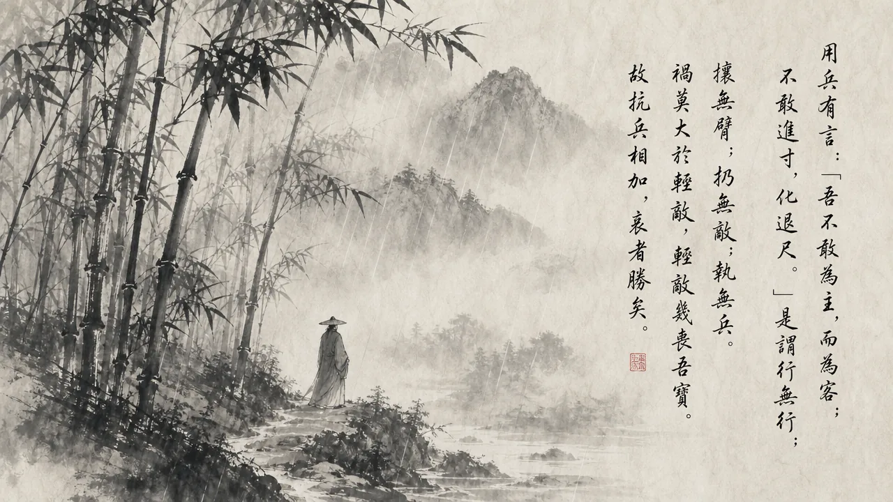 Traditional Chinese brush calligraphy artwork on Xuan paper for Laozi Daodejing Chapter 69 (玄用章第六十九), rendering ancient Daoist script in classical ink strokes with authentic seal stamp, illustrating Mysterious Strategy: Advancing Without Advancing and Grieving for Conflict, on ChiDestiny