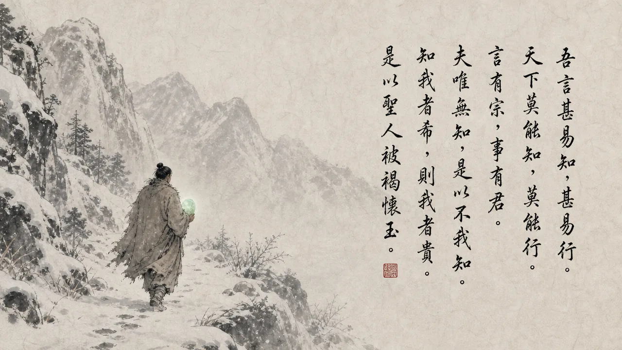 Traditional Chinese brush calligraphy artwork on Xuan paper for Laozi Daodejing Chapter 70 (知難章第七十), rendering ancient Daoist script in classical ink strokes with authentic seal stamp, illustrating Recognizing the Difficulty: My Words Are Easy to Grasp, Yet Few Understand, on ChiDestiny