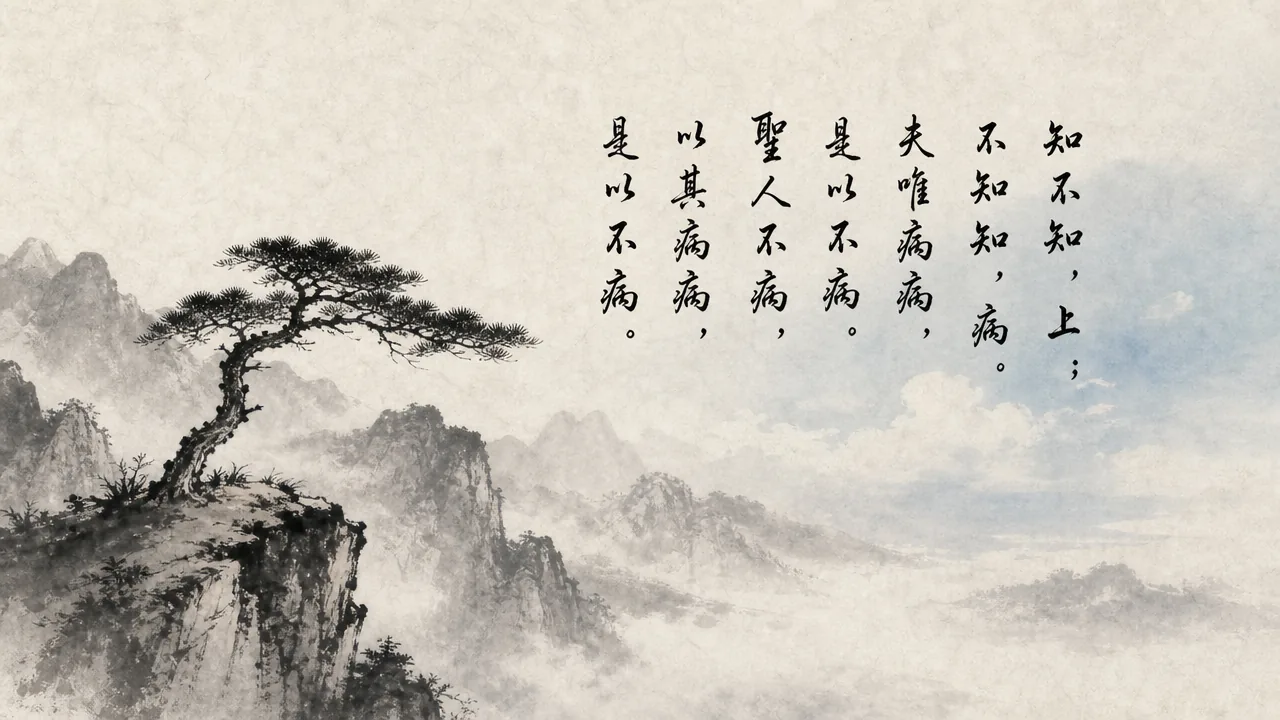 Traditional Chinese brush calligraphy artwork on Xuan paper for Laozi Daodejing Chapter 71 (知病章第七十一), rendering ancient Daoist script in classical ink strokes with authentic seal stamp, illustrating Knowing Our Limitations: Recognizing What We Do Not Know Is Supreme, on ChiDestiny