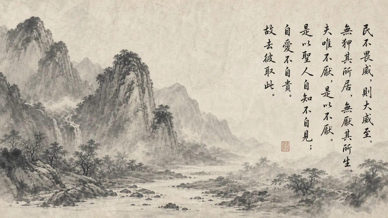 Traditional Chinese brush calligraphy artwork on Xuan paper for Laozi Daodejing Chapter 72 (愛己章第七十二), rendering ancient Daoist script in classical ink strokes with authentic seal stamp, illustrating Caring for Oneself: When People Do Not Fear Coercive Power, on ChiDestiny