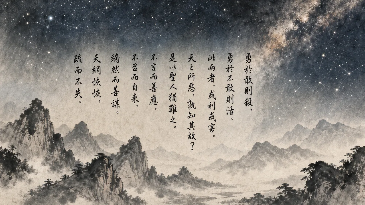 Traditional Chinese brush calligraphy artwork on Xuan paper for Laozi Daodejing Chapter 73 (任爲章第七十三), rendering ancient Daoist script in classical ink strokes with authentic seal stamp, illustrating Trusting the Great Web: Heaven's Net Is Vast and Casts with Wide Meshes, on ChiDestiny