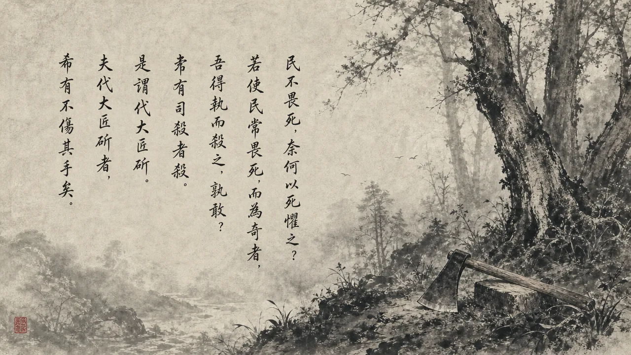 Traditional Chinese brush calligraphy artwork on Xuan paper for Laozi Daodejing Chapter 74 (制惑章第七十四), rendering ancient Daoist script in classical ink strokes with authentic seal stamp, illustrating Dispersing Delusion: When People No Longer Fear Death, on ChiDestiny