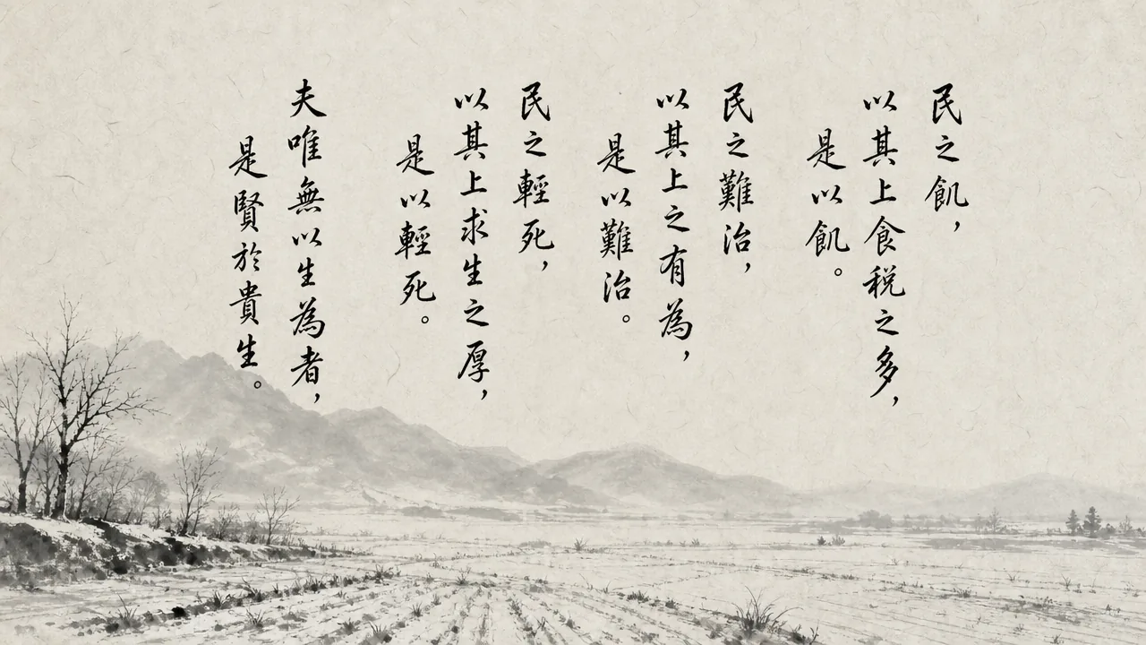 Traditional Chinese brush calligraphy artwork on Xuan paper for Laozi Daodejing Chapter 75 (貪損章第七十五), rendering ancient Daoist script in classical ink strokes with authentic seal stamp, illustrating The Harm of Greed: People Starve Because Rulers Consume Too Many Taxes, on ChiDestiny