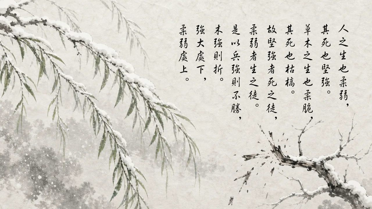 Traditional Chinese brush calligraphy artwork on Xuan paper for Laozi Daodejing Chapter 76 (戒強章第七十六), rendering ancient Daoist script in classical ink strokes with authentic seal stamp, illustrating Guarding Against Rigidity: Supple in Life, Stiff and Brittle in Death, on ChiDestiny