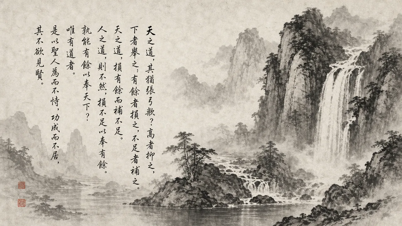 Traditional Chinese brush calligraphy artwork on Xuan paper for Laozi Daodejing Chapter 77 (天道章第七十七), rendering ancient Daoist script in classical ink strokes with authentic seal stamp, illustrating The Way of Heaven: Bending the Great Bow to Balance Abundance and Scarcity, on ChiDestiny