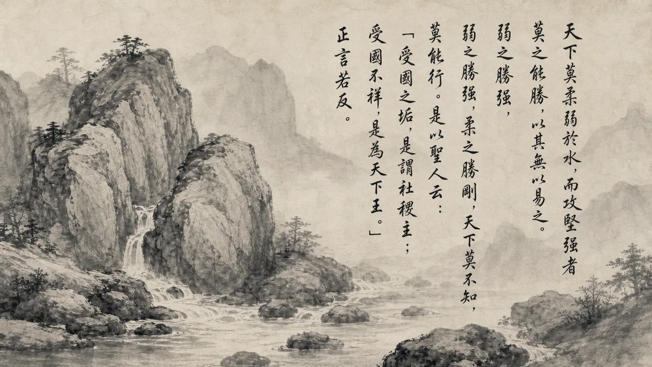 Traditional Chinese brush calligraphy artwork on Xuan paper for Laozi Daodejing Chapter 78 (任信章第七十八), rendering ancient Daoist script in classical ink strokes with authentic seal stamp, illustrating Trusting the Watercourse: Nothing Is Softer and More Yielding Than Water, on ChiDestiny