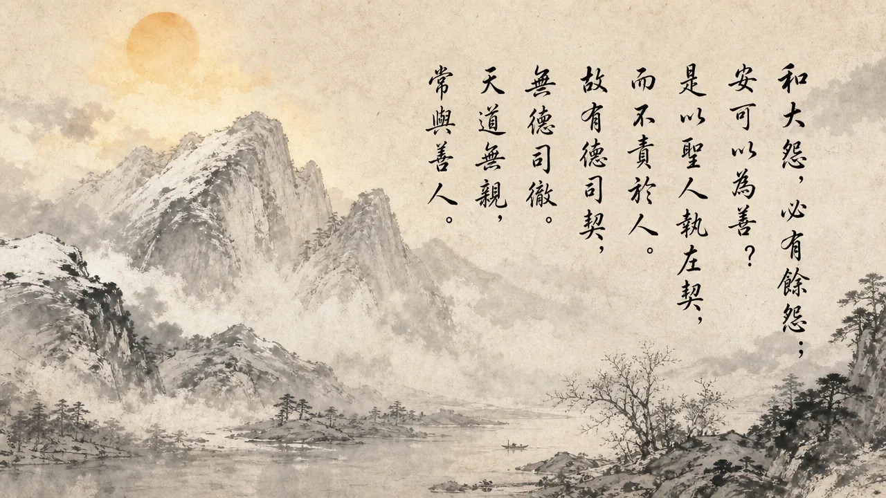 Traditional Chinese brush calligraphy artwork on Xuan paper for Laozi Daodejing Chapter 79 (任契章第七十九), rendering ancient Daoist script in classical ink strokes with authentic seal stamp, illustrating Honoring Agreements: Reconciling Great Enmities Leaves Lingering Resentment, on ChiDestiny