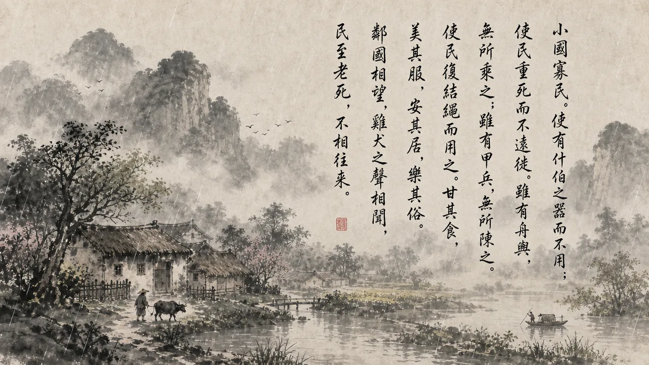 Traditional Chinese brush calligraphy artwork on Xuan paper for Laozi Daodejing Chapter 80 (獨立章第八十), rendering ancient Daoist script in classical ink strokes with authentic seal stamp, illustrating Independent Simplicity: A Small Country with Few Inhabitants, on ChiDestiny