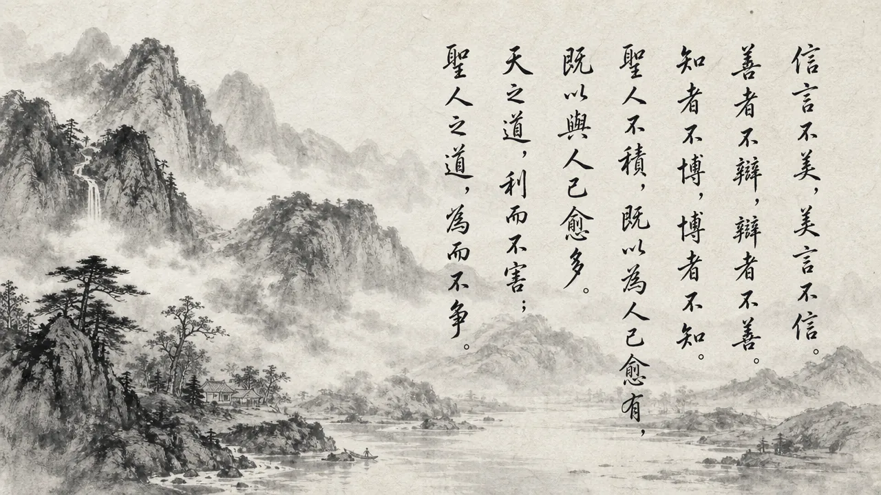 Traditional Chinese brush calligraphy artwork on Xuan paper for Laozi Daodejing Chapter 81 (顯質章第八十一), rendering ancient Daoist script in classical ink strokes with authentic seal stamp, illustrating Manifesting True Substance: Sincere Words Are Not Fine-Sounding, on ChiDestiny