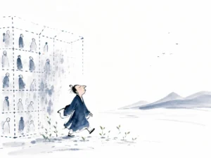 Silhouette of a modern individual shedding rigid geometric frames into open misty mountain air in contemporary Chinese ink cartoon with expressive negative space, illustrating liberating oneself from social labels through Laozi Chapter 1 on ChiDestiny