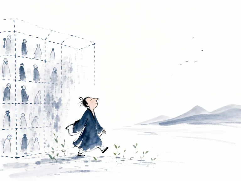Silhouette of a modern individual shedding rigid geometric frames into open misty mountain air in contemporary Chinese ink cartoon with expressive negative space, illustrating liberating oneself from social labels through Laozi Chapter 1 on ChiDestiny