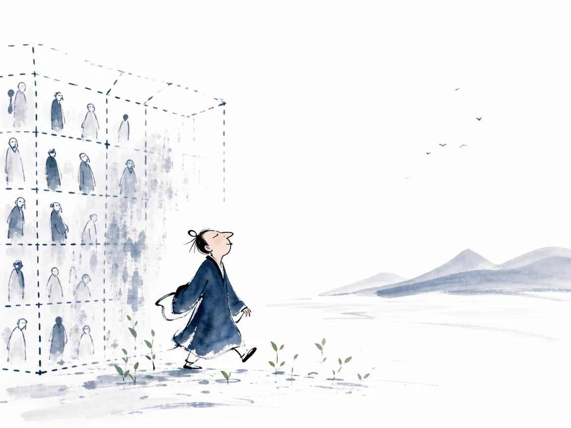 Silhouette of a modern individual shedding rigid geometric frames into open misty mountain air in contemporary Chinese ink cartoon with expressive negative space, illustrating liberating oneself from social labels through Laozi Chapter 1 on ChiDestiny