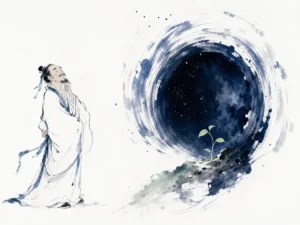 Vast misty mountain peak shrouded in morning fog symbolizing the ineffable Tao and the doorway of all wonders in minimalist Chinese ink wash, illustrating the unnameable source and subtle mystery of existence on ChiDestiny