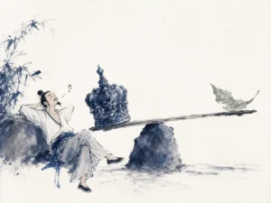 Yin and yang balanced landscape featuring light catching mountain ridges while dark valleys rest in quiet shadow in traditional literati monochrome wash, illustrating the mutual arising of opposites and effortless wordless teaching on ChiDestiny