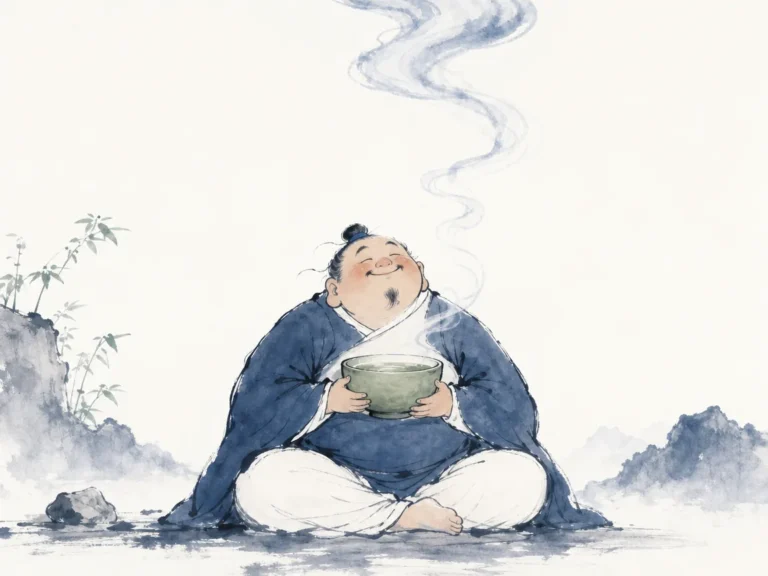 Solitary scholar sitting in tranquil bamboo grove with calm still waters reflecting an empty sky in peaceful Song-style monochrome brushwork, illustrating calming restless desires and attaining inner stillness on ChiDestiny