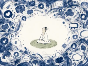 Quiet mind visualized as still mountain pool untouched by swirling digital leaves and notifications in soothing minimalist ink wash with Sage Green accents, illustrating healing overstimulated attention through Laozi Chapter 3 on ChiDestiny