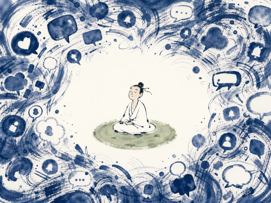 Quiet mind visualized as still mountain pool untouched by swirling digital leaves and notifications in soothing minimalist ink wash with Sage Green accents, illustrating healing overstimulated attention through Laozi Chapter 3 on ChiDestiny