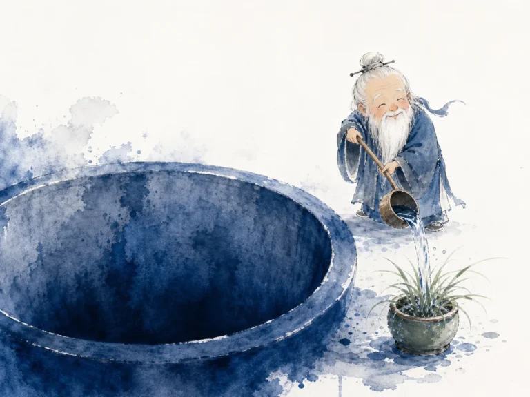 Deep mountain ravine cradling an ancient unmoving pool reflecting infinite sky between steep granite cliffs in classical Chinese landscape wash with evocative negative space, illustrating the bottomless vessel of Tao that nourishes without depleting on ChiDestiny