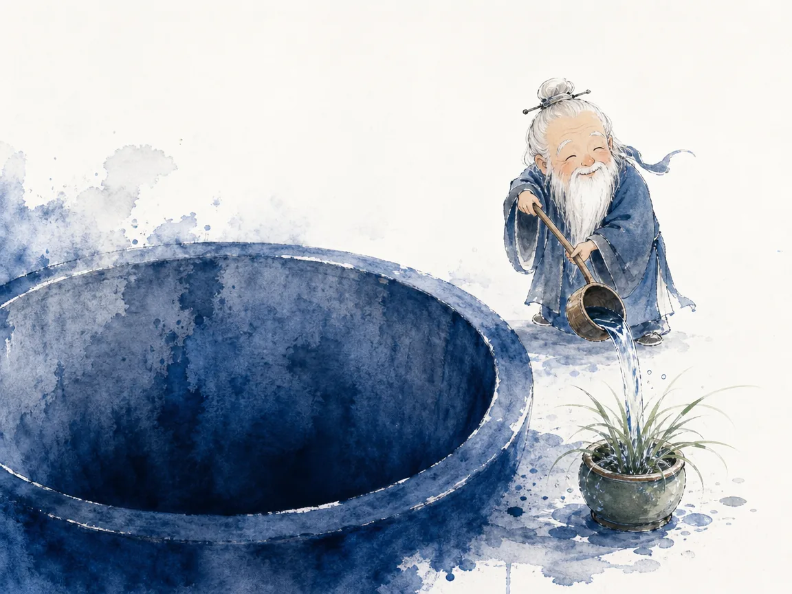 Deep mountain ravine cradling an ancient unmoving pool reflecting infinite sky between steep granite cliffs in classical Chinese landscape wash with evocative negative space, illustrating the bottomless vessel of Tao that nourishes without depleting on ChiDestiny