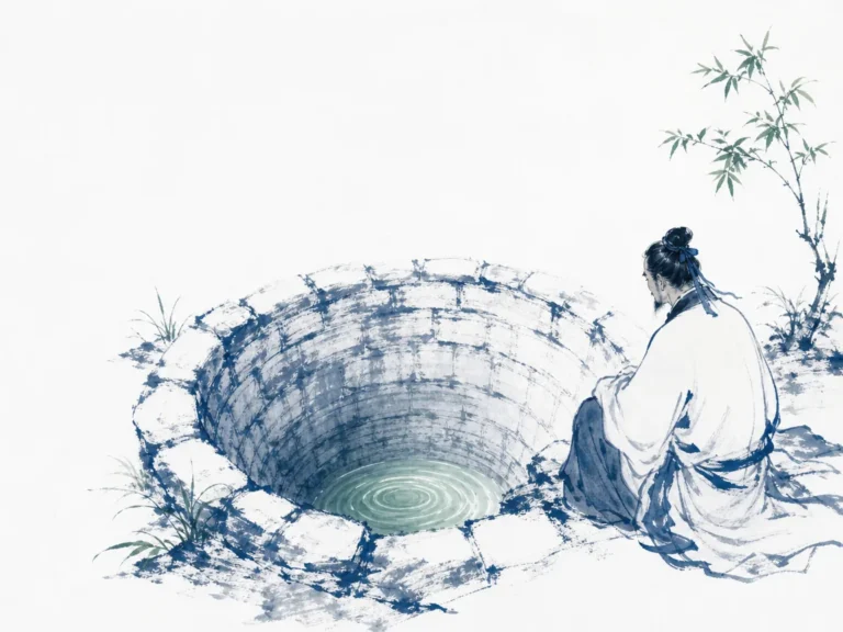Solitary deep spring well bubbling quietly beneath weathered granite boulders during dry season in grounded classical-meets-modern ink wash, illustrating accessing bottomless renewal to overcome workplace burnout on ChiDestiny