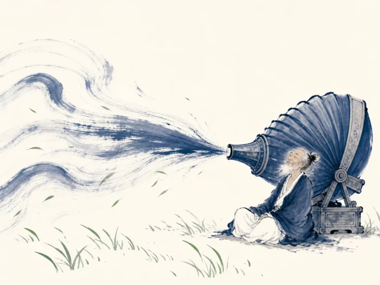 Empty wooden pavilion overlooking an expansive valley breeze moving between ancient pines in minimalist ink wash highlighting generous negative space, illustrating the impartial emptiness of heaven and earth acting like a cosmic bellows on ChiDestiny