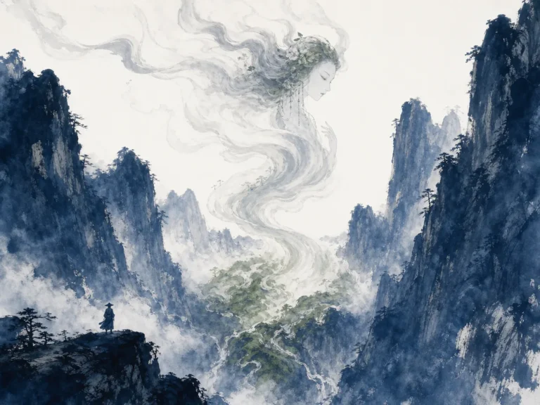 Misty winding mountain gorge with a gentle stream representing the immortal primal feminine force in delicate Chinese ink and water wash, illustrating the receptive valley spirit and everlasting gateway of life on ChiDestiny