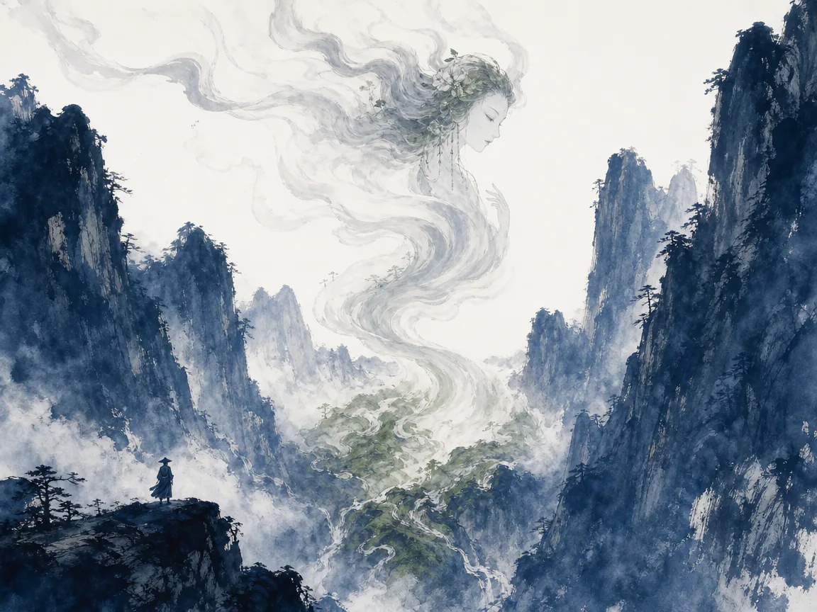 Misty winding mountain gorge with a gentle stream representing the immortal primal feminine force in delicate Chinese ink and water wash, illustrating the receptive valley spirit and everlasting gateway of life on ChiDestiny