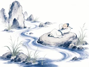 Clear mountain stream flowing gently around jagged rocks to seek the lowest valley floor in flowing calligraphic ink brushwork, illustrating the supreme goodness of water nourishing all things without contention on ChiDestiny