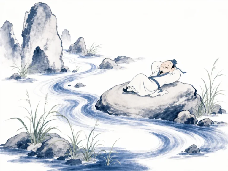 Clear mountain stream flowing gently around jagged rocks to seek the lowest valley floor in flowing calligraphic ink brushwork, illustrating the supreme goodness of water nourishing all things without contention on ChiDestiny