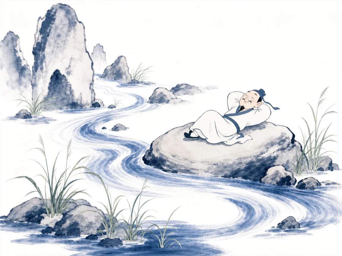 Clear mountain stream flowing gently around jagged rocks to seek the lowest valley floor in flowing calligraphic ink brushwork, illustrating the supreme goodness of water nourishing all things without contention on ChiDestiny