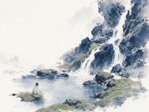 River current effortlessly navigating rocky bends, carving deep canyons without jagged strain in flowing expressive ink brush painting, illustrating achieving goals through water-like adaptability rather than rigid force on ChiDestiny