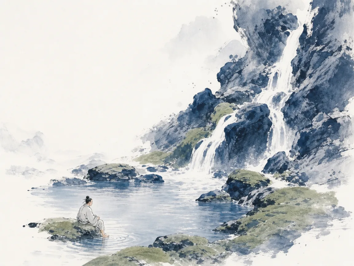 River current effortlessly navigating rocky bends, carving deep canyons without jagged strain in flowing expressive ink brush painting, illustrating achieving goals through water-like adaptability rather than rigid force on ChiDestiny